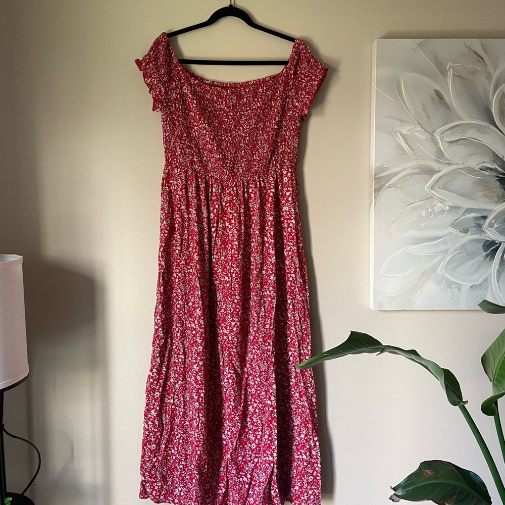 Red and White Floral off the shoulder Maxi Dress